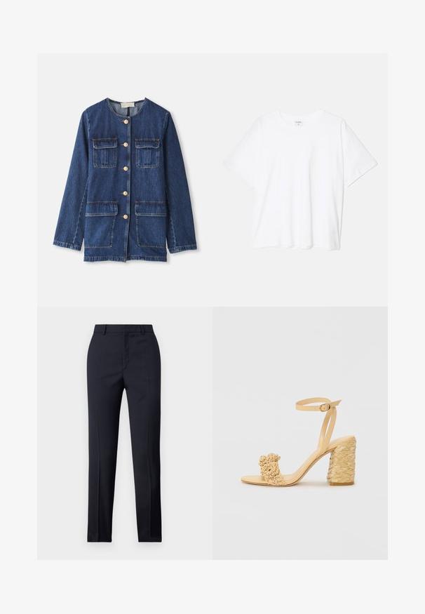 Denim jakk, sinine, ümmarguse kaeluse ja nööbiga esiküljega, kahe rinnatasku ja kahe alumise taskuga; sisaldab kuldse tooni nööpe ja õmblemist.; Valge puuvillane T-särk lühikeste varrukatega, ümmargune kaelus, mugav lõige ja õmmeldud serv. Silt nähtav kaela seest.; Tumed kohandatud püksid sirge lõikega, millel on sile tekstuur, kaks esist taskut ja puhas vöökoht.; Beez kõrge kontsaga sandaalid, millel on punutud tekstuur, dekoratiivne lilleke ja pahkluu rihm. Ruudukujuline konts tagab stabiilsuse.