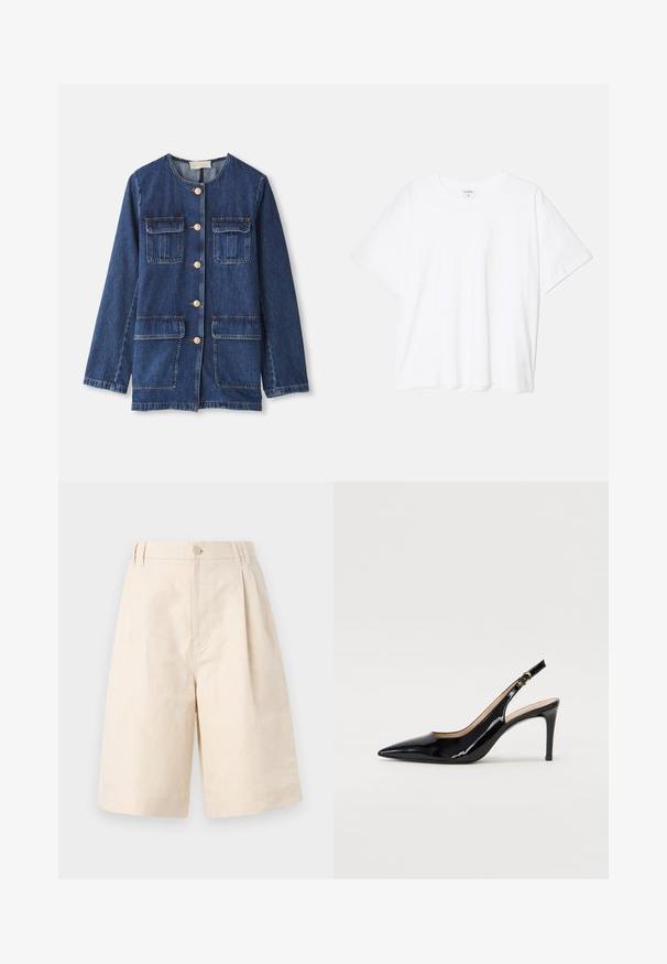 Chaqueta de denim, azul, con cuello redondo, cierre de botones en el front, dos bolsillo en el pecho y dos bolsillos inferiores; presenta botones y costuras en tono dorado.; Camiseta de algodón blanca con mangas cortas, escote redondo, corte relajado y dobladillo cosido. Etiqueta visible en el interior del cuello.; Pantalones cortos de lino beige con un ajuste relajado, que presentan un cierre de botón, diseño plisado y corte hasta la rodilla. Textura suave y estilo simple.; Zapatos de charol negro con tirante al tobillo, punta afilada, tacón delgado y un diseño de corte sutil. Presenta una hebilla dorada en la correa.