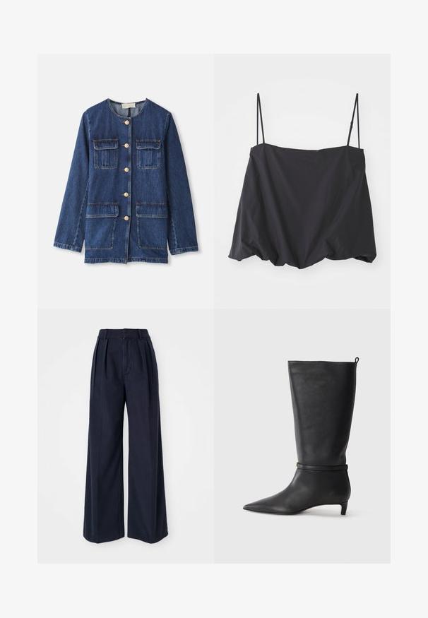 Jachetă din denim, albastră, cu guler rotund, închidere cu nasturi, două buzunare la piept și două buzunare inferioare; prezintă nasturi și cusături de culoare aurie.; Top negru fără mâneci, cu bretele subțiri, croială lejeră și tiv strâns. Fabricat dintr-un material ușor, cu o textură netedă.; Pantaloni largi de culoare bleumarin închis, confecționați din bumbac, cu pliuri în față, talie înaltă și închidere cu fermoar și buton.; Botă din piele neagră, până la genunchi, cu vârf ascuțit, accentuată de o curea circulară în jurul gleznei și un toc jos, îngustat. Textură netedă.