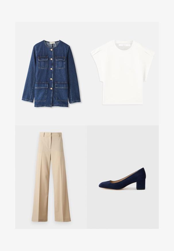 Denim jakk, sinine, ümmarguse kaeluse ja nööbiga esiküljega, kahe rinnatasku ja kahe alumise taskuga; sisaldab kuldse tooni nööpe ja õmblemist.; Valge kastikujuline T-särk lühikeste varrukatega. Valmistatud siledast kangast, millel on ümmargune kaelus ja diskreetne õlavarre aktsent. Lihtne disain.; Kreemikad laiad püksid, mis on valmistatud siledast kangast, millel on tasapinnaline esiosa koos voldikutega, lukuga esiosa ja vöökohale silmused. Üldine puhas istuvus.; Tumesinise sametist kõrge kontsaga king, millel on terav nina ja keskmise kõrgusega plokk-konts. Sile tekstuur kerge sädelusega ja ees väike lõige.