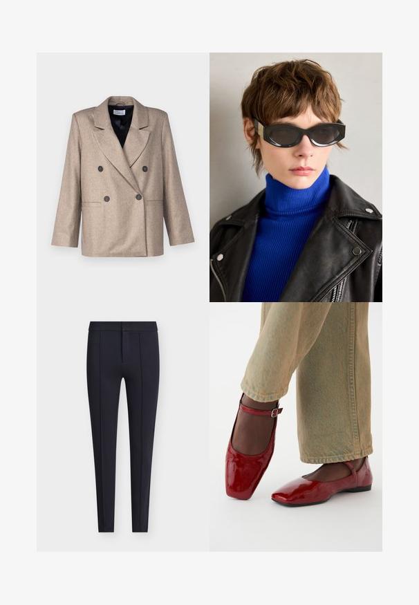 Bež sako s dvostrukim kopčanjem, klapnim reverima, crnim gumbima i dva prednja džepa. Izrađeno od teksturiranog materijala, s lagano oversized krojem.; Bijela bluzica s dugim rukavima, izrađena od glatke tkanine, s vezicom oko vrata i krojenim manžetama. Jednostavan, klasičan dizajn bez uzoraka.; Nabrane hlače tamnoplave boje od glatkog materijala, s modernim krojem, prednjim naborima i skrivenim patentnim zatvaračem s gumbom.; Crvene lakirane cipele s kvadratnim vrhom, niskom petom i remenom oko gležnja, uparene s laganim svijetlozelenim širokim trapericama. Glatka tekstura, reflektirajuća površina.; Crne sunčane naočale s zaobljenim rubovima i zrcalnim lećama. Imaju zlatne akcentne detalje na okvirićima. Nosive su uz plavi rebrasti rolak i kožnu jaknu.