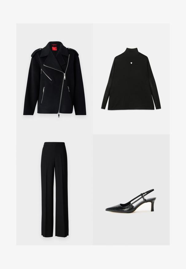 Svart jacka med ullblandning, asymmetrisk dragkedjestängning, tre fickor med dragkedja, axelkläppar och strukturerad tyg.; Svart polotröja med långa ärmar, prydd med ett litet vitt hjärtemblem på bröstet. Mjuk tyg och avslappnad passform.; Svarta vida byxor med en slät textur, med hög midja och centrala veck. Inga synliga mönster eller hårdvarudetaljer.; Svart lackskin slingback-häl med spetsig tå, med texturerad ormskinnsprint, justerbar rem och en kort, texturerad blockklack.
