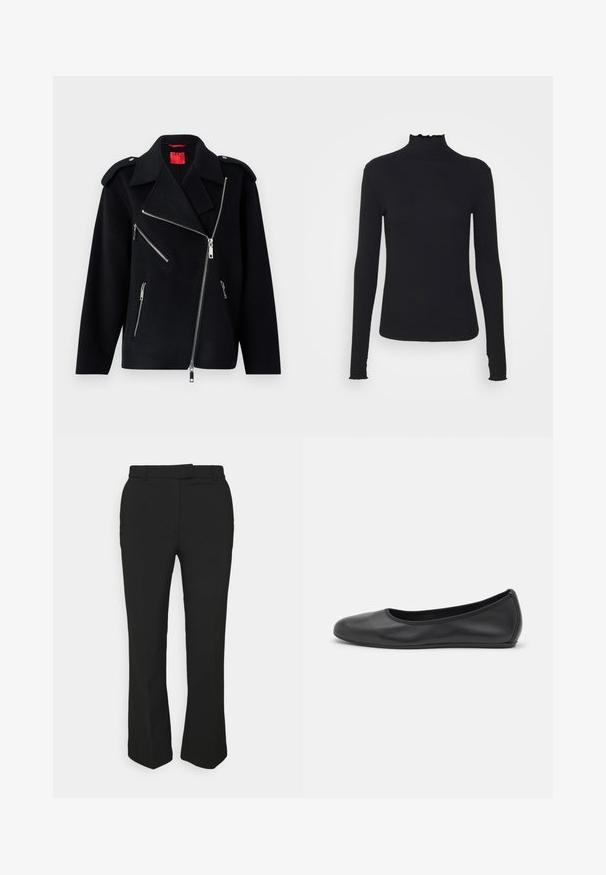 Schwarze Jacke aus einem Wollmix, mit asymmetrischem Reißverschluss, drei Reißverschlusstaschen, Schulterklappen und strukturiertem Stoff.; Schwarz, langärmliges Turtleneck-Oberteil aus glattem Material, mit einem gerafften Kragen und einer enganliegenden Silhouette mit einfachen Kanten.; Schwarze, maßgeschneiderte Hose mit geradem Bein, ausgestattet mit Gürtelschlaufen und Seitentaschen. Hergestellt aus glattem Stoff mit sauberem Finish.; Schwarze Leder-Ballettschuhe mit abgerundeter Spitze, glatter Textur, minimalen Nähdetails und einem flexiblen Sohlen-Design.