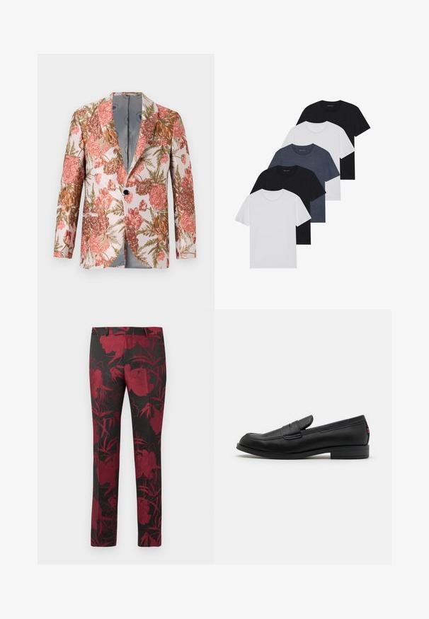 Blumenblazer mit hellen Hintergrund, verziert mit rosa, orange und grünen blühenden Blumen. Hergestellt aus strukturiertem Stoff mit einem einzigen Knopf.; Set aus fünf T-Shirts in Schwarz, Weiß und Marineblau. Baumwollstoff, kurze Ärmel, Rundhalsausschnitt und schlichte Textur ohne Muster.; Schwarze Hosen mit einem floralen Muster in Dunkelrot, einem glatten Stoff und einer taillierten Passform. Standardbund und gerades Bein Design.; Schwarze Lederloafer mit glatter Oberfläche, abgerundetem Zehenbereich und einem kleinen dekorativen Riegel. Ausgestattet mit einem niedrigen, gestapelten Absatz und einem dezenten Markenlogo.