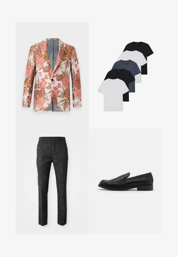 Blazer floral avec un fond clair, arborant des fleurs épanouies roses, oranges et vertes. Fabriqué à partir d'un tissu texturé avec un seul bouton.; Ensemble de cinq t-shirts en noir, blanc et bleu marine. Tissu en coton, manches courtes, design col rond et texture unie sans motifs.; Pantalons gris foncé avec un motif floral en relief, coupe ajustée, jambes droites et texture lisse. Dotés d'une taille standard.; Mocassins en cuir noir avec une finition lisse, un bout arrondi et une petite flèche décorative. Dotés d'un petit talon empilé et d'un détail de marque subtil.