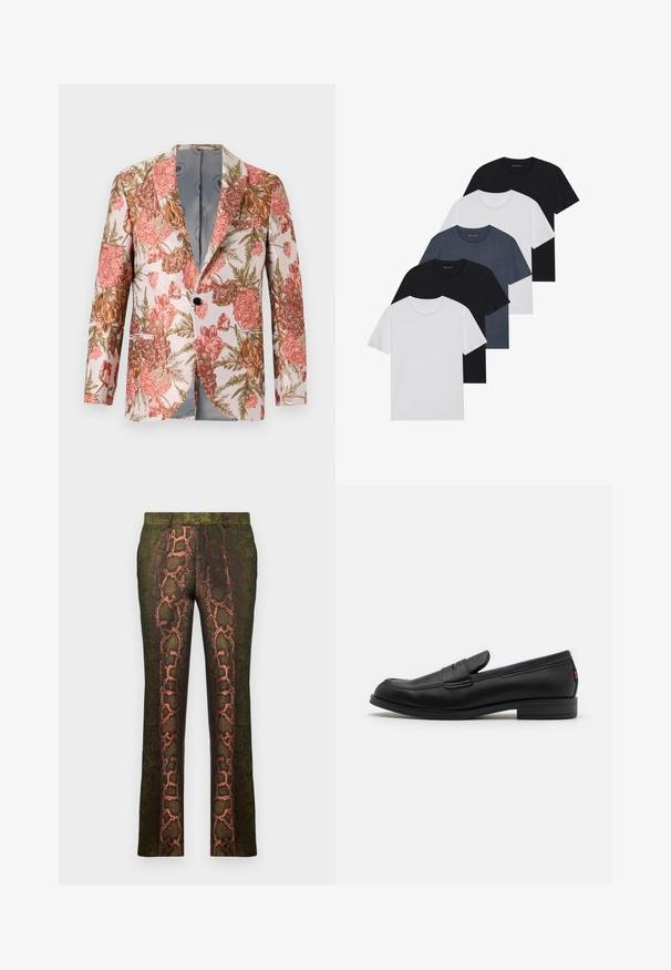 Floral blazer with a light background, featuring pink, orange, and green blooming flowers. Crafted from textured fabric with a single button.; Set of five t-shirts in black, white, and navy blue. Cotton fabric, short sleeves, crew neck design, and plain texture with no patterns.; Green patterned trousers featuring a snake print design with shades of brown and orange, straight cut, and a smooth texture.; Black leather loafers with a smooth finish, rounded toe, and a small decorative flap. Features a low stacked heel and subtle branding detail.
