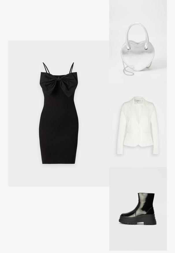 Bílá přiléhavá sako z měkké tkaniny, s jedním knoflíkem, klopovými límci a dvěma předními kapsami. Hladká textura a zkosený střih.; Černé těsné šaty s velkým mašlovým detailem na výstřihu, s tenkými nastavitelnými ramínky a hladkým, elastickým povrchem.; Černá lesklá kotníková bota s robustní podrážkou a zaoblenou špičkou, boční pohled na jednolitém světle šedém pozadí.; Stříbrná metalická kabelka ve tvaru srdce s dvojitými uchy, řetízkem a hladkým povrchem. Obsahuje kovové prvky a prošívané okraje.
