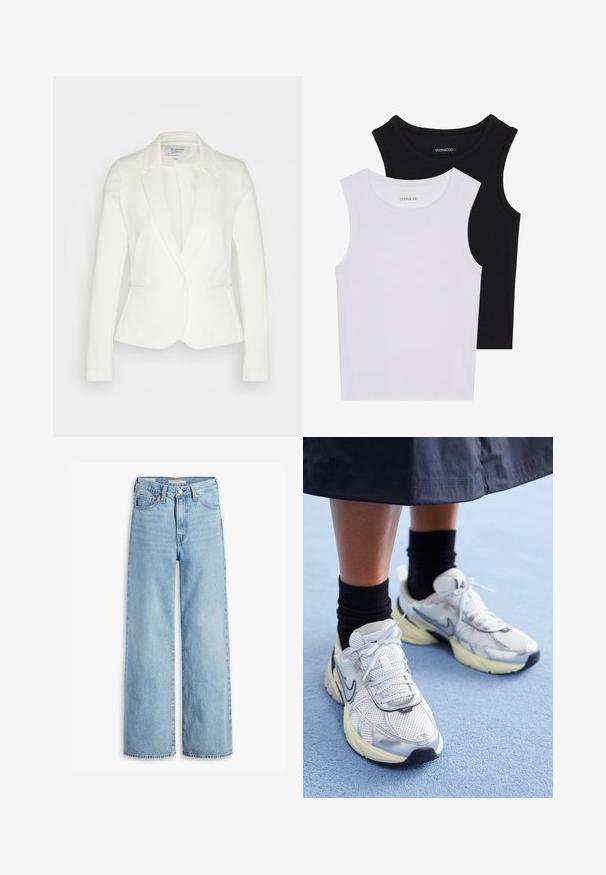 Witte getailleerde blazer van zachte stof, met een enkele knoopsluiting, gekartelde revers en twee voorzakken. Soepele textuur en een nauwsluitende pasvorm.; Twee mouwloze tops in zwart en wit, gemaakt van geribbelde katoen, met ronde halslijnen en een getailleerd ontwerp. Labels zichtbaar op beide.; Lichtblauwe, hoge taille, wijde jeans met een voorste knoop en ritssluiting, riemlussen en vijf zakken.; Witte en zilveren Nike sneakers van meshstof, met reflecterende accenten en een beige zool. Gedragen met zwarte sokken, staand op een blauwe ondergrond.