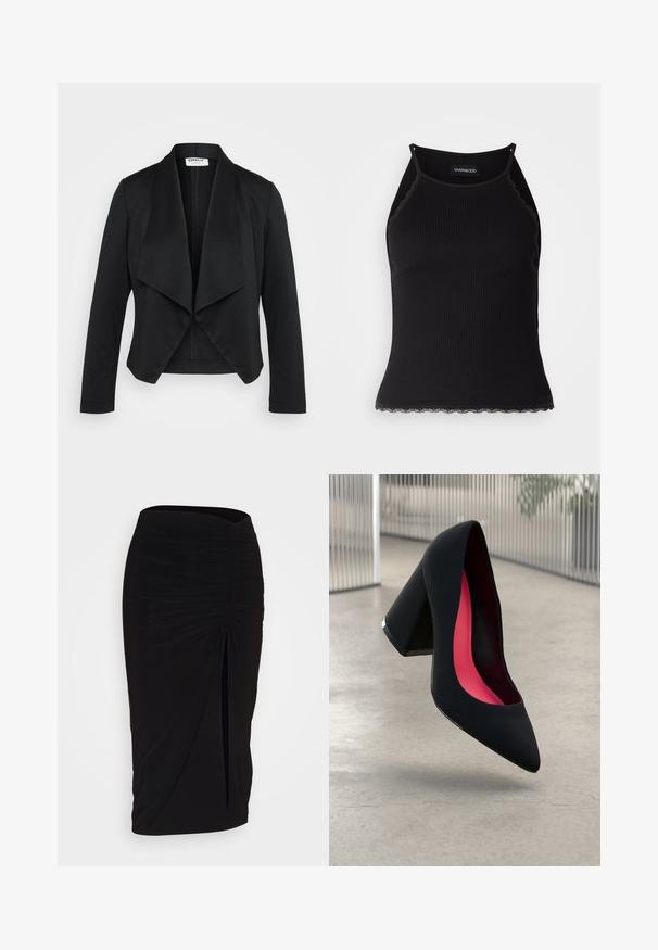 Melnā saīsinātā jaka ar pārklāto apkakli, garām piedurknēm un gludu tekstūru. Aprīkota ar priekšējo rāvējslēdzēju un mūsdienīgu dizainu.; Melna ribota topiņa ar izšūtu mežģīņu apdari apakšmalā. Iezīmē plānas siksniņas un pielāgotu piegriezumu. Izgatavota no stiepjama auduma.; Melna, ručām veidota zīda svārku ar saišu detaļu un sānu izgriezumu. Izgatavota no elastīga auduma, ar gludu tekstūru un pieguļošu dizainu.; Melna augsta papēža kurpe ar smailu purngalu, teksturētu virsmu un dzīvespriecīgu rozā interjeru. Satur masīlu papēdi ar sudraba akcentu.