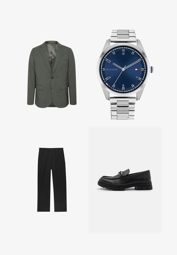 Blazer grigio in un tessuto testurizzato, con chiusura a due bottoni, rever a punta e due tasche frontali. Interno foderato senza motivi.; Camicia bianca a maniche lunghe realizzata in cotone liscio, con colletto classico e chiusura con bottoni abbinati.; Pantaloni neri con un design a gamba dritta, realizzati in un tessuto liscio. Presentano pieghe frontali e una chiusura a un bottone in vita.; Mocassino in pelle nera con punta arrotondata, una fascia decorativa e accessori in metallo, e una suola spessa e testurizzata. Finitura liscia con dettagli sottili.; Orologio in metallo argentato con quadrante blu spazzolato, indici bianchi e display della data. Dotato di un bracciale metallico a maglie e logo del marchio.; Collana in argento con maglie spesse e un pendente circolare centrale caratterizzato da dettagli intricati. Superficie metallica liscia e riflettente.