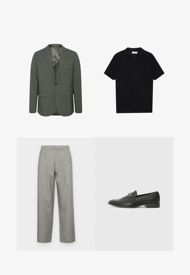 Hallikas bleiser tekstureeritud kangast, millel on kahe nööbi eesmine osa, sakilised kraed ja kaks esimest taskut. Vooderdatud sisemus ilma mustriteta.; Must päikesepolo särk mustas värvitoonis, valmistatud tekstuurses ribakangas, millel on V-kaelus ja sirge äär. Ilma nähtavate logode või mustriteta.; Hallitatud hallid püksid, mis on valmistatud tekstuuriga kangast, sirge jala disainiga, ees pleekidega ning tavalise vöökohtadega, kus on vöökohad.; Must haveate nahkking punased, millel on sile viimistlus, tikitud muster ja dekoratiivne metallkett vampi üle. Tasane konts.