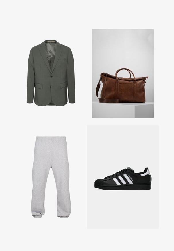 Šedý blazer z textúrovanej tkaniny, s prednou častou na dva gombíky, klopovými reverzmi a dvoma prednými vreckami. Podšitý interiér bez vzorov.; Dlhý rukáv tričko s maskáčovým vzorom v zelených, hnedých a béžových odtieňoch s okrúhlym výstrihom. Obsahuje zmiešaný vzor s nepravidelnými škvrnami a textúrami.; Sivé tepláky vyrobené z bavlnenej zmesi, s elastickým pásom, zúženými nohavicami a manžetami. Jednoduchý dizajn bez vzorov.; Čierne tenisky Adidas Superstar s bielymi pruhmi, špičkou v tvare mušle a textom "Superstar" na boku, zobrazené v bočnom profilu na bielom pozadí.; Hnedá kožená cestovná taška so zipsovým uzáverom, dvojitými uchami, nastaviteľným ramenným popruhom a viditeľnými textúrami na povrchu.