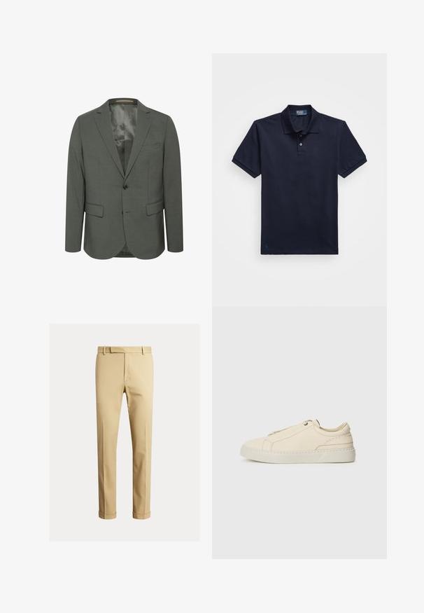 Siv blazer iz teksturirane tkanine, s sprednjim delom na dva gumba, obrobnimi lapeljami in dvema sprednjima žepoma. Podloženo notranjost brez vzorcev.; Mornarsko modra polo majica iz strukturirane tkanine, z dvema gumboma na zapenjanju in majhnim vezenim logotipom na robu. Kratki rokavi.; Kahe barvni chinos narejeni iz gladkega bombažnega blaga, ki ponujajo prilegan dizajn, sprednje pregibe in manšete pri gležnju za ozko silhueto.; Bež usnjeni športni copat s zaobljenim nosom, minimalistična zasnova, subtilne šivane podrobnosti in teksturirana zgornja stran, na svetlem podplatu.