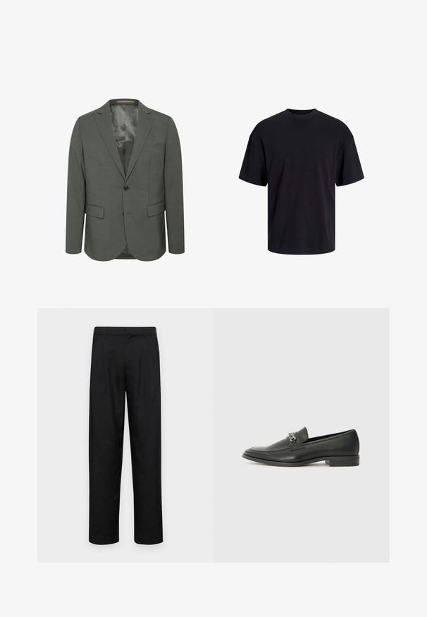 Pelēks žakets no teksturētas auduma, ar divu pogu priekšpusi, ar iekšu un divām priekšējām kabatām. Odere bez rakstiem.; Melns kokvilnas T-krekls ar apaļu kakla izgriezumu, īsām piedurknēm un brīvu piegriezumu. Gluda tekstūra un nav redzamu rakstu vai akcentu.; Melnas bikses, izgatavotas no gludas auduma, ar taisnu kāju dizainu, divām priekšējām krokām un standarta jostu, kurai ir āķi.; Melna ādas loafer izmēra apavi ar gludu virsmu, piedāvā ar šūtu dizainu un dekoratīvu metāla ķēdes akcentu pār vampu. Plakana papēža daļa.