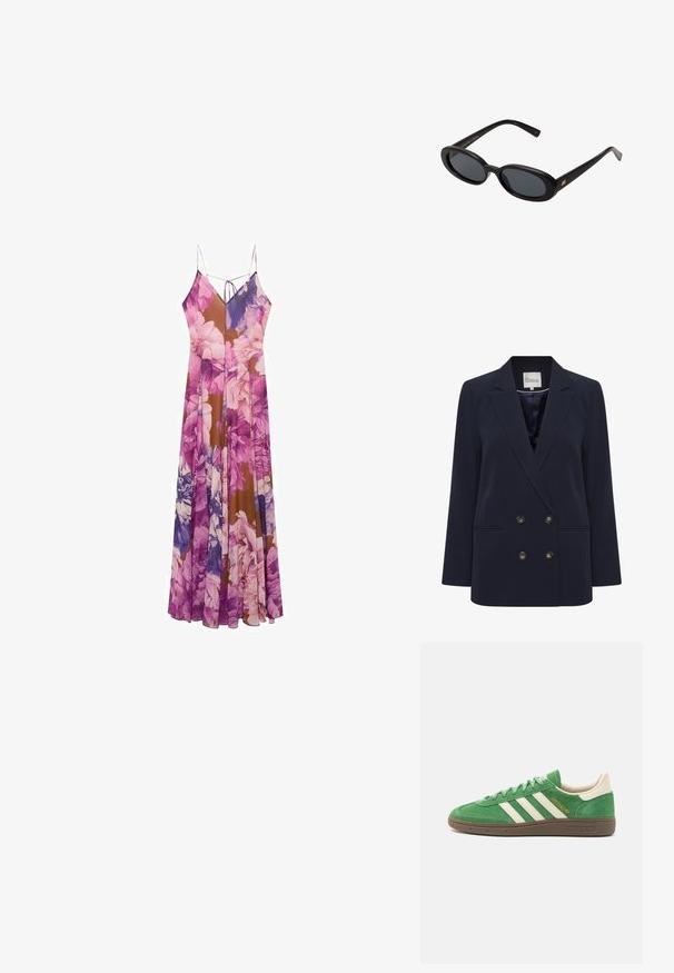 Svetlo plavi dvostruko zakopčani sako od glatkog materijala. Ima dva prednja džepa i dugmadi zlatne boje; strukturalni rever i opušteni kroj.; Duga cvjetna haljina s kombinacijom ljubičastih i smeđih nijansi, od lagane tkanine, s tankim naramenicama i lepršavim oblikom.; Zeleni antilop tenisice s bijelim dizajnom od tri pruge, kremastim detaljima i smešnim teksturiranim đonom. "SPEZIAL" izvezen zlatnim koncem sa strane.; Crne velike sunčane naočale s ovalnim staklima, glatkim plastičnim okvirom i zlatnim detaljima na sljepočnicama. Tamna stakla pružaju zaštitu od sunca.; Torba od tkanog slame s drvenim ručkama od bambusa, s teksturiranim dizajnom resica u prirodnoj bež boji i zlatnim lanca remenom.