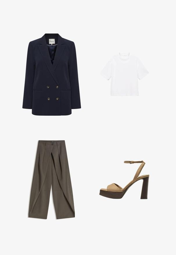 Navy blue double-breasted blazer made of smooth fabric. Features two front pockets and gold-tone buttons; structured lapel and relaxed fit.; White cotton short-sleeve t-shirt with a round neckline. Simple design, loose fit, smooth texture. No patterns or accents visible.; Wide-leg trousers made of a textured, dark gray fabric. Features a front pleat, button closure, and side pockets for practicality.; Beige suede high-heeled sandals with a wide front strap and ankle strap, featuring a chunky wooden block heel with a textured finish.