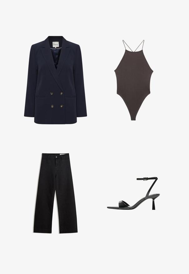 Tummansininen kaksirivinen bleiseri, joka on valmistettu sileästä kankaasta. Omistaa kaksi etutaskua ja kultasävytteiset napit; jämäkkä kaulus ja rento leikkaus.; Ruskea, korkeakauluksinen yksiosainen uimapuku, jossa on ohuet, säädettävät hihnat; siinä on korkea lahje ja sileä tekstuuri. Ei kuvioita tai koristeita.; Mustat leveät farkut korkealla vyötäröllä, joissa on etu- ja takataskut, ommellut saumat ja nappisuljenta. Silkinoinen rakenne.; Bershka Korolliset sandaalit - black