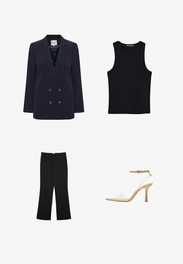 Svetlo plavi dvostruko zakopčani sako od glatkog materijala. Ima dva prednja džepa i dugmadi zlatne boje; strukturalni rever i opušteni kroj.; Crni top bez rukava od pamuka, s okruglim izrezom i širokim izrezima za ruke. Glatka tekstura s ušivenim rubovima. Klasičan, minimalistički dizajn.; Crne hlače ravnog kroja, s prednjim džepovima i bočnim prorezima na rubu. Izrađene od mekog i glatkog materijala. Pogodne za razne prigode.; Sandal s prozirnim potplatom i prozirnim gornjim dijelom, bež uloškom i tankim remenom oko gležnja. Ima špicasti vrh i tanak visoki potplat.