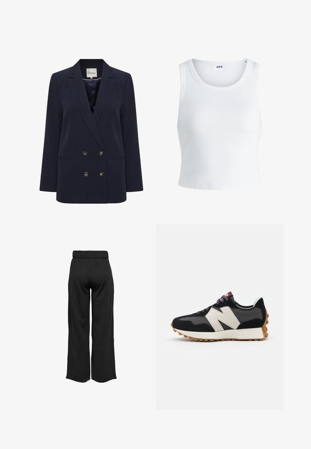 Sötétkék dupla gombolású blézer sima anyagból. Két elülső zsebbel és arany tónusú gombokkal rendelkezik; struktúrált hajtókával és laza fazonnal.; Fehér bordás ujjatlan top, kerek nyakkivágással és rövid hosszal. A címke szerint "JJXX". Sima szövettextúra.; Fekete, bővülő szárú nadrág, elasztikus derékkal, sima anyagból készült. Tiszta dizájn jellemzi, zsebek és látható varrási részletek nélkül.; Fekete és szürke velúr sportcipő nagy krémszínű "N" logóval, lila fűzőkkel és texturált gumi talppal.