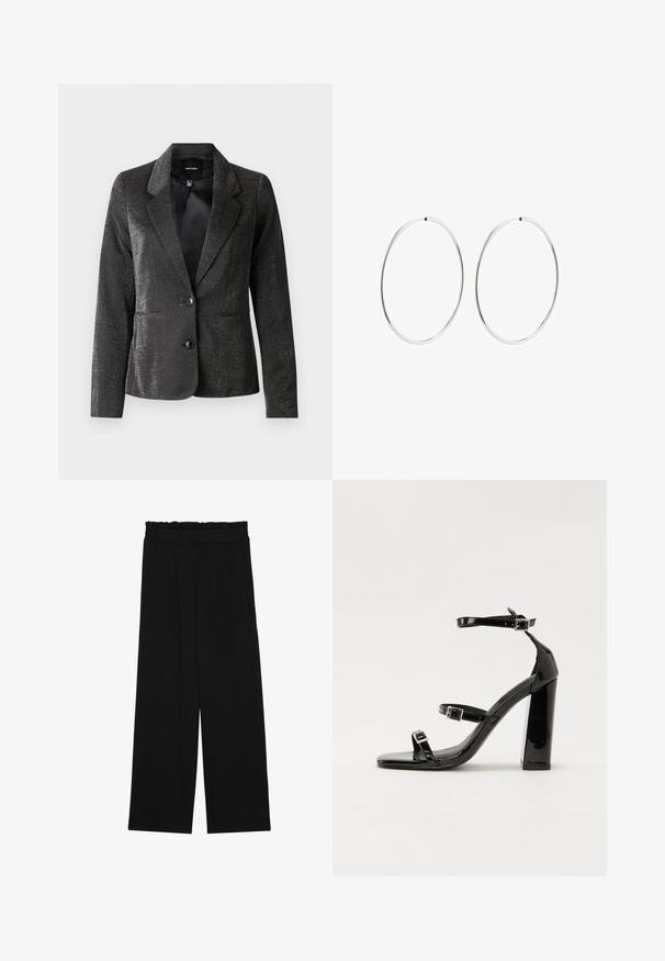 Zwarte blazer gemaakt van glanzende stof met een uitgesneden kraag, twee voorkruiken en twee knopen. De gestructureerde oppervlakte voegt visuele interesse toe.; Donkergrijze top met korte mouwen en een bootnek. Gemaakt van ribbelstof, met een relaxte pasvorm en een nette zoom. Eenvoudig ontwerp, geen patronen.; Zwarte wijde broek met een gerimpelde tailleband, voorzien van twee zijzakken en een soepele, lichte stof. Geen zichtbare patronen of hardware.; Zwarte gepatenteerde sandalen met hak en een vierkante neus, enkelbandjes en zilveren gespen. Heeft een stevige blokhak voor stabiliteit.; Zilveren oorbellen in een gladde, ronde vorm met een gepolijste afwerking. Ze zijn dun en lichtgewicht, met een eenvoudige haaksluiting.