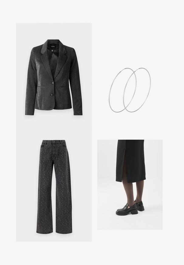 Černý blazer vyrobený z lesklé tkaniny s klopovým límcem, dvěma předními kapsami a dvěma knoflíky. Texturovaný povrch zvyšuje vizuální zajímavost.; Černý body s dlouhými rukávy, vyznačující se síťovým výstřihem do V a nařasenými detaily na ramenech. Hladký materiál s přiléhavým střihem.; Noisy May NMJANNEL LOOSE - Džíny Relaxed Fit - black denim; Černé kožené boty s kulatou špičkou, silným blokovým podpatkem a elastickými bočními akcenty, spárované s tmavými punčochami a černou sukní se rozparkem.; Stříbrné kruhové náušnice s minimalistickým designem. Kruh, hladký povrch a tenký profil. Lehká konstrukce s lesklým povrchem.