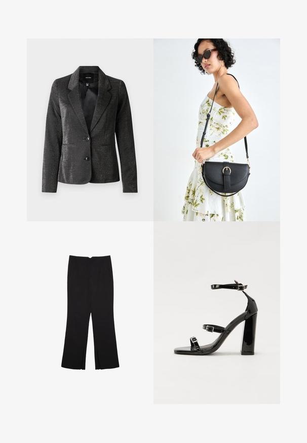 Schwarzer Blazer aus glänzendem Stoff mit Reverskragen, zwei Fronttaschen und zwei Knöpfen. Strukturierte Oberfläche sorgt für visuelles Interesse.; Schwarz, langärmliges Oberteil aus weicher Baumwolle. Hat einen weit geschnittenen Halsausschnitt, eine lockere Passform und leicht ausgestellt Ärmel. Keine sichtbaren Muster oder Hardware.; Schwarze Hose mit geradem Schnitt, ausgestattet mit Fronttaschen und Seitenschlitzen am Saum. Hergestellt aus weichem, glattem Stoff. Geeignet für verschiedene Anlässe.; Schwarze patentierte Sandalen mit Absatz, quadratischer Spitze, Knöchelriemen und silbernen Schnallen. Mit einem stabilen Blockabsatz für mehr Stabilität.; Schwarze Lederhandtasche mit geschwungener Form, abnehmbarem Tragegurt und goldenen Beschlägen. Die Tasche verfügt über einen Deckel mit einer Schnallen-Details.