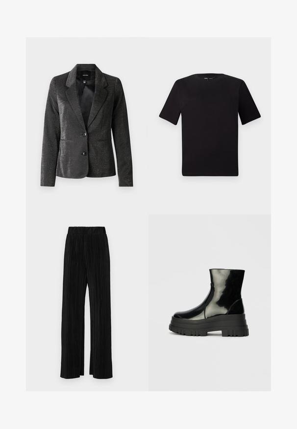Schwarzer Blazer aus glänzendem Stoff mit Reverskragen, zwei Fronttaschen und zwei Knöpfen. Strukturierte Oberfläche sorgt für visuelles Interesse.; Schwarzes T-Shirt mit kurzen Ärmeln und Rundhalsausschnitt, aus weichem Baumwollmaterial gefertigt. Schlichtes Design, keine sichtbaren Logos oder Muster.; Schwarze plissierte Hose mit elastischem Bund. Verfügt über weite Hosenbeine und einen glatten, strukturierten Stoff mit vertikalen Streifen.; Schwarze, glänzende Knöchelstiefel mit dickem Profilsohle und abgerundeter Zehenform, Seitenansicht vor einem schlichten, hellgrauen Hintergrund.