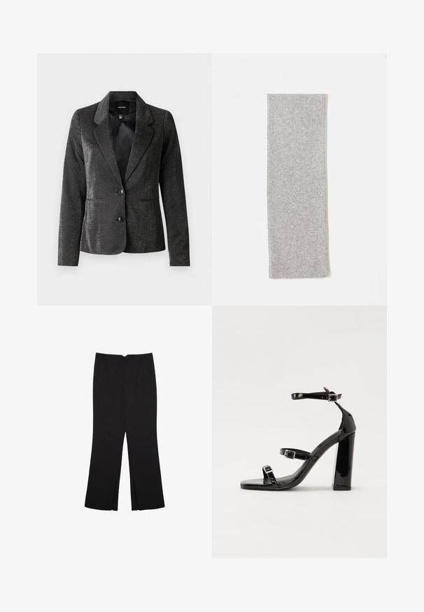 Blazer noir en tissu brillant avec un col à revers, deux poches avant et deux boutons. La surface texturée ajoute un intérêt visuel.; Top court sans manches noir en tissu lisse, avec un col rond et un design épuré, simple, sans motifs ni accessoires.; Pantalon noir avec une coupe droite, doté de poches avant et d'éclairs sur l'ourlet. Fabriqué en tissu doux et lisse. Convient à diverses occasions.; Sandales à talons vernies noires avec un bout carré, des sangles autour de la cheville et des boucles en argent. Dotées d'un talon bloc épais pour plus de stabilité.; Écharpe en tricot grise avec une texture lisse, de forme rectangulaire allongée et de bords nets, conçue pour la chaleur et le confort.