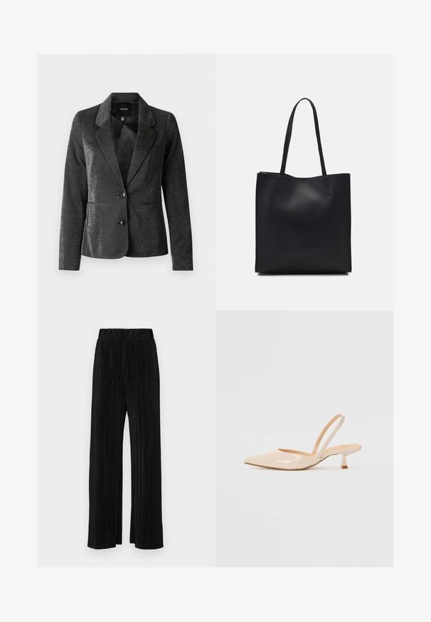 Blazer noir en tissu brillant avec un col à revers, deux poches avant et deux boutons. La surface texturée ajoute un intérêt visuel.; T-shirt noir à manches courtes en coton doux. Avec un col rond et un design ajusté. Texture lisse sans motifs ni détails.; Pantalons plissés noirs avec une taille élastique. Présente des jambes larges et un tissu lisse texturé avec des rayures verticales.; Escarpins slingback en cuir verni beige avec un bout pointu et un talon carré fin. Texture lisse et design minimaliste sans ornement.; Sac fourre-tout en cuir noir avec une texture lisse, de forme rectangulaire et deux longues poignées. Pas de matériel ou d'ornementations visibles.