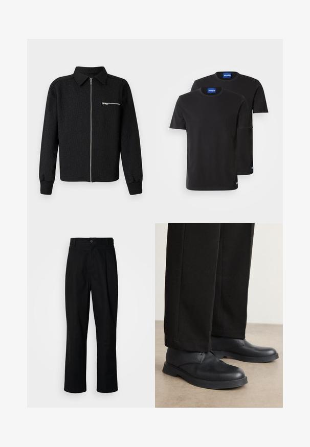 Jachetă neagră cu fermoar, cu un model texturat al logo-ului, guler și buzunar lateral cu fermoar. Prezintă mansete și tiv cu textură ribbed.; Două tricouri negre din bumbac cu guler rotund, mâneci scurte și etichete albastre "HUGO" pe guler și pe tivul lateral.; Pantaloni negri cu croială dreaptă, cu talie cu nasturi, bucle pentru curea și cute pe față, prezentati pe un fundal alb simplu.; Pantofi din piele neagră, cu vârf rotund, talpă plată și detalii minime. Asortați cu pantaloni negri croiți, care prezintă o textură netedă.