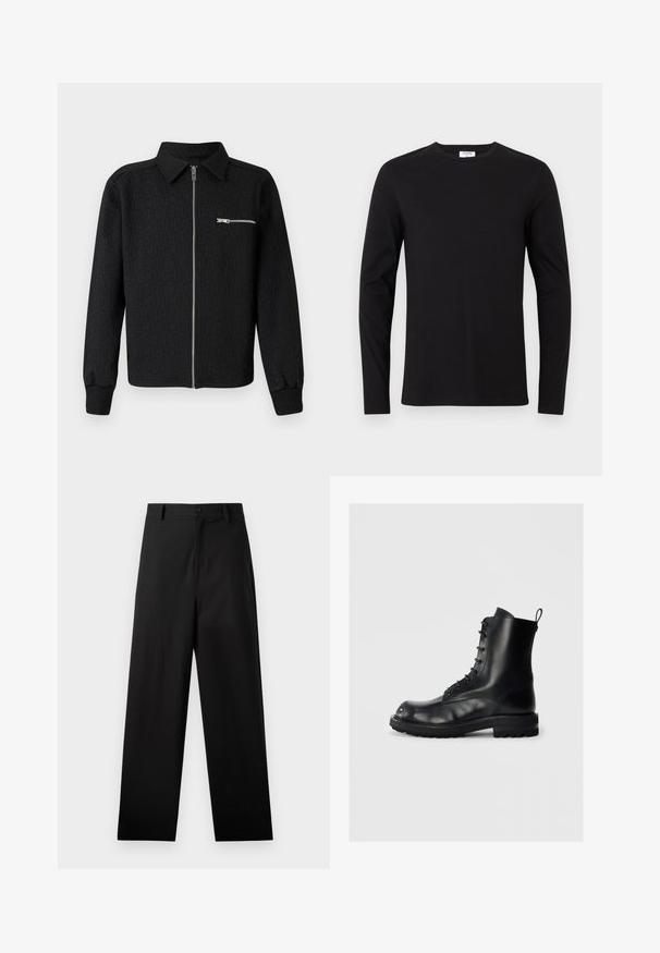 Zwarte zip-up jas met een textuurpatroon van het logo, kraag, en zijzak met rits. Voorzien van ribgebreide manchetten en zoom.; Zwarte langemouwen T-shirt van katoen, met een ronde hals en een eenvoudig ontwerp zonder zichtbare patronen of versieringen.; Zwarte broek van katoen met een rechte pijpdesign, voorzien van een sluiting met een knoop aan de voorkant en zijzakken. Gladde textuur, geen patronen.; Zwarte leren veterschoen met dikke zool en trekband, op een effen lichte achtergrond, zijaanzicht van de linkerschoen.