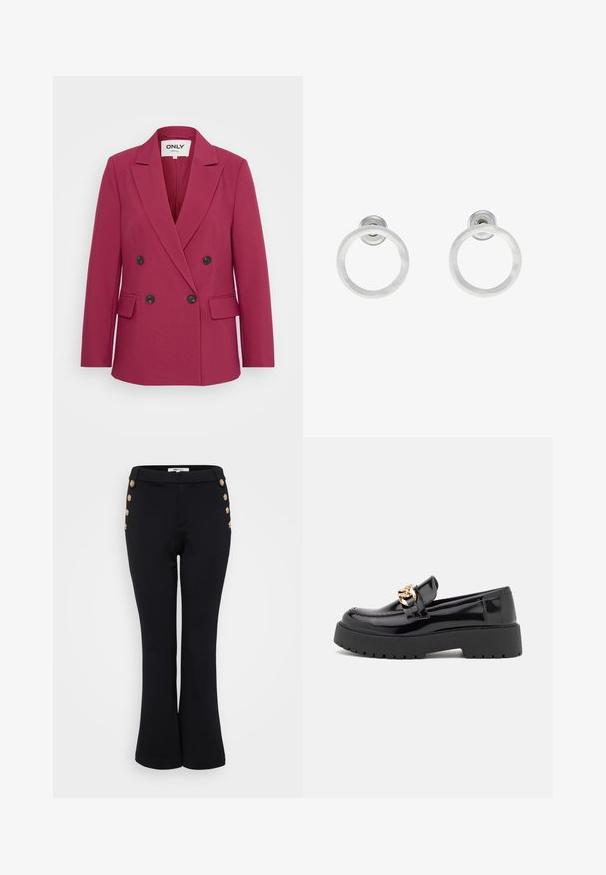 Kahe nööbiga magenta bleiser mustade nööpidega, väikeste klappidega, kahe esikohtaga ja sileda tekstuuriga. Silt ütleb "ONLY".; Even&Odd Petite 2 PACK - Topp - light grey/black; Mustad laiad püksid, mis on valmistatud siidiselt siledast kangast, millel on kuldsed nupud vöökoha ääres detaile lisamas ja istuv siluett.; Mustad musta läikiva nahaga loaferid, millel on jäme must tald ja kuldsed detailid. Sujuv tekstuur ja ümar varvaste disain.; Hõbedased metallist rõngastooted, millel on harjatud tekstuur, ümmargune disain ja selge tagumine post, tagamaks kindlat kandmist.