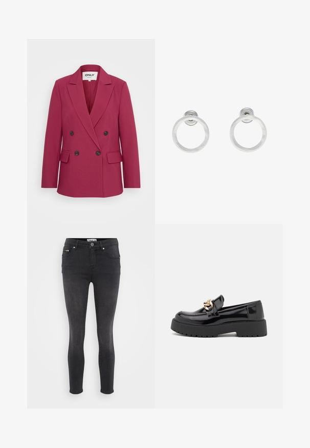 Kahe nööbiga magenta bleiser mustade nööpidega, väikeste klappidega, kahe esikohtaga ja sileda tekstuuriga. Silt ütleb "ONLY".; Even&Odd Petite 2 PACK - Topp - light grey/black; Mustad mustad teksad. Ees on nööp sulgemine ja sirge tasku vööl. Sile tekstuur minimaalsete plekkidega.; Mustad musta läikiva nahaga loaferid, millel on jäme must tald ja kuldsed detailid. Sujuv tekstuur ja ümar varvaste disain.; Hõbedased metallist rõngastooted, millel on harjatud tekstuur, ümmargune disain ja selge tagumine post, tagamaks kindlat kandmist.