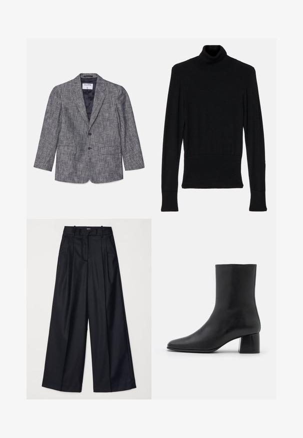 Sacou gri, ajustat, dintr-un material texturat, cu design cu un singur rând de nasturi, două nasturi și rever în formă de notă. Prezintă două buzunare frontale și o căptușeală de culoare bleumarin.; AERON TENDER LONG SLEEVED - Pulover - black; Pantaloni negri cu picioare late, confecționați dintr-un material neted, având talie înaltă, plii și un design croitorie. Accesorii simple negre la talie.; Botine negre din piele, cu vârf ascuțit și toc pătrat masiv. Textură netedă, cu un design fără cusături și cusături minimaliste.
