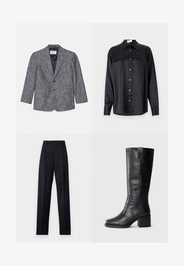 Blazer grise sur mesure avec un tissu texturé, design à un seul bouton, deux boutons et revers crantés. Comprend deux poches à l'avant et une doublure bleu marine.; Chemise noire à manches longues avec un col, présentant une texture froissée, une fermeture à boutons sur le devant et des poignets. Fabriquée en tissu lisse.; Pantalon noir en tissu lisse avec taille haute, jambes larges, plis à l'avant et passants de ceinture classiques. Pas de poches latérales visibles.; Bottes en cuir noir montantes, avec une texture lisse, un nez carré, un talon bloc et une languette sur le côté, présentant des coutures minimales.