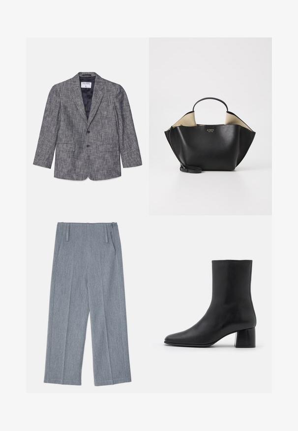 Gray tailored blazer with a textured fabric, single-breasted design, two buttons, and notch lapels. Features two front pockets and a navy lining.; Black long-sleeve top made of soft fabric, featuring a round neckline and a relaxed fit with side slits at the hem for ease of movement.; Light gray, wide-leg trousers made of textured fabric, featuring two front pleats and two side pockets. Clean, tailored design.; Black leather ankle boot with a pointed toe and a chunky square heel. Smooth texture with a seamless design and minimalistic stitching.; Ree Projects ANN TOTE MINI - Handbag - black