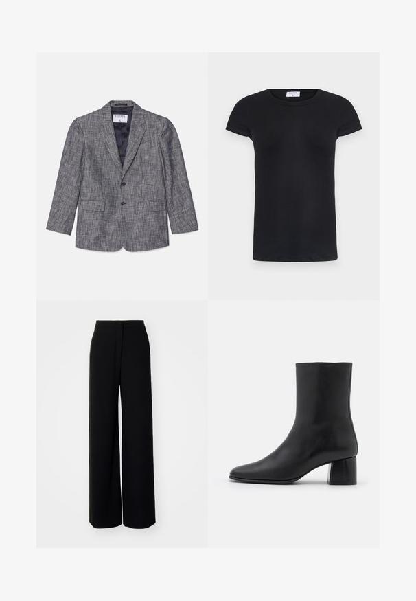 Pilkas pritaikytas švarkas su tekstūruotu audiniu, vieno mygtuko dizainu, dviem mygtukais ir notch apykakle. Yra dvi priekinės kišenės ir tamsiai mėlynas pamušalas.; Juodas dryžuotas marškinėliai su apvalia iškirpte ir trumpomis rankovėmis. Minkšta medžiaga, prigludusi prie kūno, su etikete apykoje.; Juodos plačios kelnės su aukštu liemeniu, lygios medžiagos, priekyje užsegamos mygtuku, be matomų kišenių, pasižyminčios pritaikytu siluetu.; Juodas odinis kulkšninis botas su smailiu pirštu ir masyviu kvadratiniu kulnu. Lygus paviršius be siūlių ir minimalizmu išsiskiriantis dizainas.