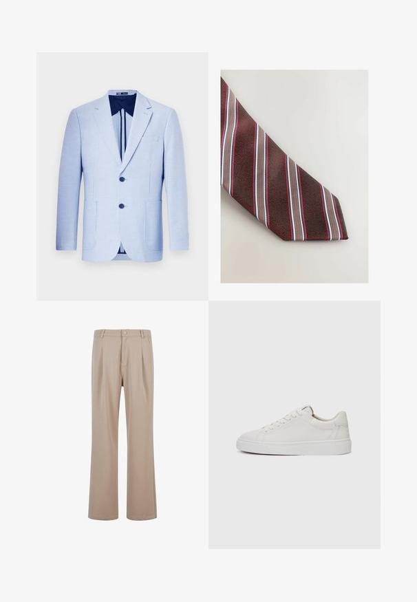 Heled sinine triibuline bleiser, ühe nööbiga, kahe nööbiga, kitsa kraega, ees taskutega ja tume sinise voodriga. Hästi lõikega ja siledast tekstuurist.; Valge puuvillane nööbiga särk klassikalise kraega, pikkade varrukatega ja väike brodeeritud logo vasakul rinnal.; Bežid plisseeritud püksid, mis on valmistatud siledast kangast ja omavad sirget sääre disaini, millel on nööpkinnitus ja peened õmblusdetailid.; Valged nahast madalad tossud ümarate varvastega, lame valge kummitald ja minimalistlikud õmblustead. Paelad kinnitatud läbi kuue silma.; Next STRIPE - Lips - red