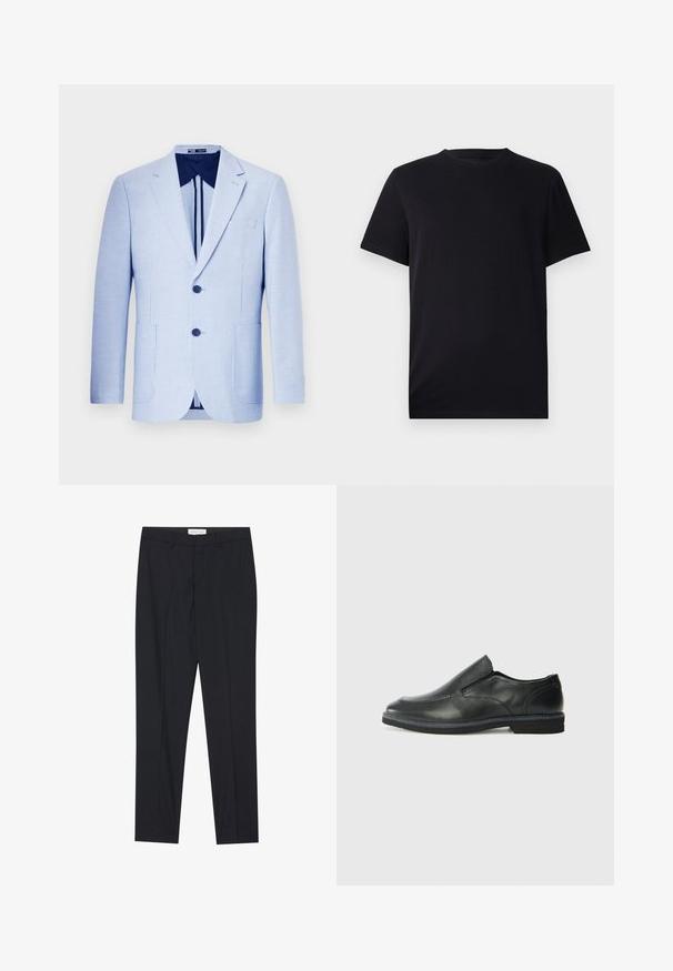 Light blue striped blazer, single-breasted with two buttons, notch lapels, front pockets, and a dark blue lining. Tailored fit and smooth texture.; Black short-sleeve T-shirt made of smooth cotton, featuring a crew neckline and a classic fit without any patterns or visible hardware.; Black tailored trousers with a flat front, regular fit, made of smooth fabric, featuring pressed pleats and side pockets.; Black leather slip-on shoe with a smooth upper, stitched accents, rounded toe, and a low rubber heel. Sole features minimal tread.