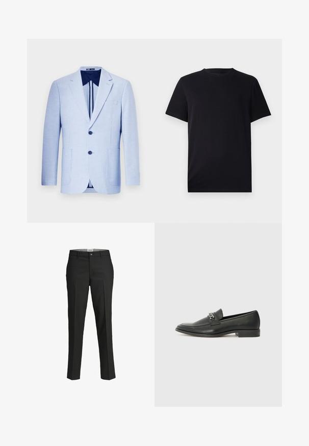 Light blue striped blazer, single-breasted with two buttons, notch lapels, front pockets, and a dark blue lining. Tailored fit and smooth texture.; Black short-sleeve T-shirt made of smooth cotton, featuring a crew neckline and a classic fit without any patterns or visible hardware.; Black trousers, tailored fit, smooth fabric, mid-rise waist, front button closure, diagonal pockets, and crease detailing down the legs.; Black leather loafer with a smooth finish, featuring a stitched design and a decorative metal chain accent across the vamp. Flat heel.