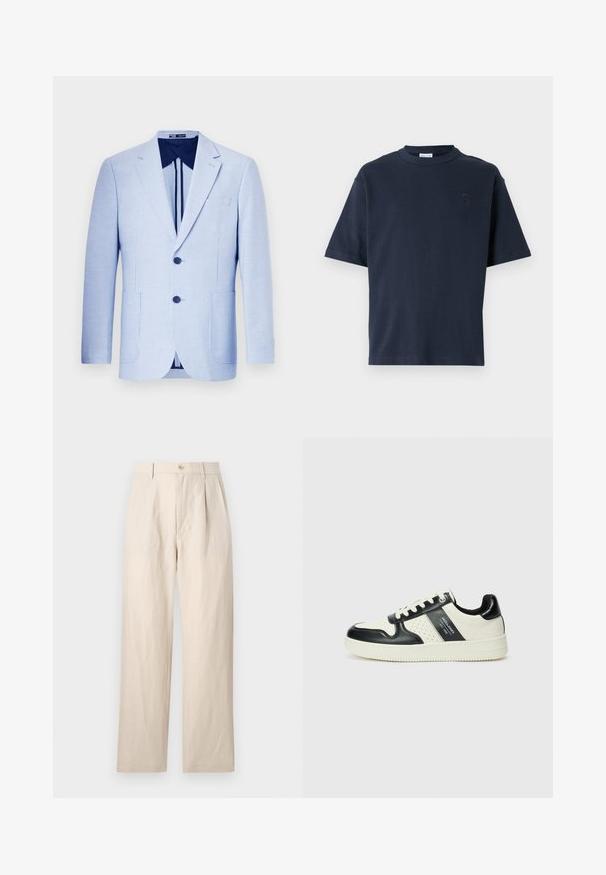 Light blue striped blazer, single-breasted with two buttons, notch lapels, front pockets, and a dark blue lining. Tailored fit and smooth texture.; Navy blue short-sleeve t-shirt made of cotton. Features a round neck and a subtle logo on the chest. Straight cut design with no patterns.; Beige linen trousers with a loose fit, featuring a flat front, single button closure, and two pockets. Wrinkled texture adds detail.; Leather sneakers with a black and cream color scheme, featuring perforated accents, a padded collar, and a textured outsole.