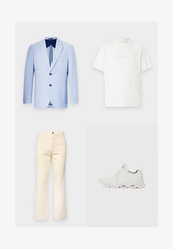 Heled sinine triibuline bleiser, ühe nööbiga, kahe nööbiga, kitsa kraega, ees taskutega ja tume sinise voodriga. Hästi lõikega ja siledast tekstuurist.; Valge puuvillane T-särk ümmarguse kaelusega, lühikeste varrukate ja väikese prinditud logoga ees. Sile tekstuur ja mugav lõige.; Kreemikaalased puuvillased teksad sirge sääre disainiga, millel on esi-nuppude sulgemine ja tavaline viie tasku stiil.; Valged sportijalatsid, millel on tekstuuriga kudum peal, lame paelad ja pehmendatud tallad nähtavate õhukambritega täiendava toe jaoks.