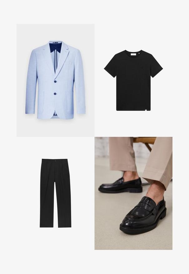 Jasnoniebieska marynarka w paski, jednozębna z dwoma guzikami, z klapami notch, przednimi kieszeniami i granatową podszewką. Dopasowany krój i gładka tekstura.; Czarna koszulka z krótkim rękawem wykonana z bawełny, z okrągłym dekoltem i małym logo haftowanym na piersi. Gładka tekstura, standardowy krój.; Czarne spodnie o prostym kroju, wykonane z gładkiego materiału. Posiadają zakładki z przodu i pojedyncze zapięcie na guziki w pasie.; Czarne skórzane mokasyny o gładkim wykończeniu, z dekoracyjnym paskiem i kontrastowym szwem, w połączeniu z beżowymi spodniami.