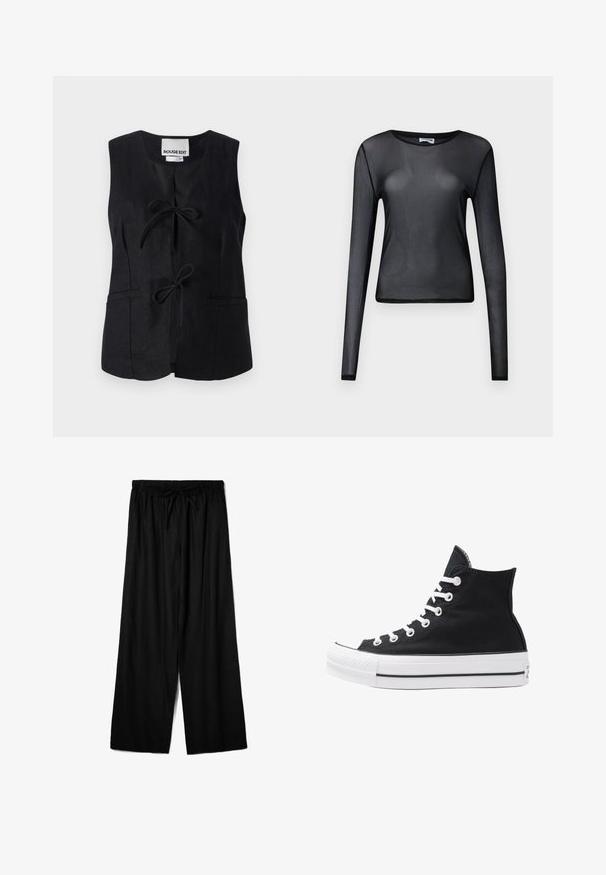 Sort ærmeløs vest med v-hals, lukning foran med bånd, to lommer og en glat overflade. Minimalistisk design med rene linjer.; Sort langærmet top lavet af gennemsigtigt materiale, med rund halsudskæring og tætsiddende pasform, samt fint kantede kanter.; Sorte bredde-bukser lavet af letvægtsstof, med en elastisk talje og snøre for justerbar pasform. Glat tekstur.; Højtop sort lærredssko med hvide øjetter, snørebånd og gummisål. Har en tekstureret tåhætte og sorte og hvide stribe-accenter.