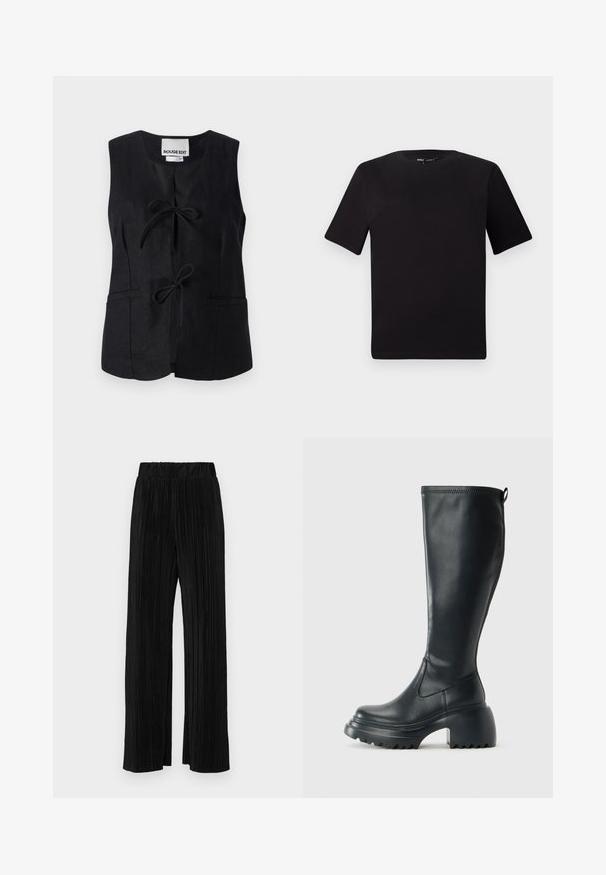 Vesta neagră fără mâneci, cu gât în V, închidere cu funda în față, două buzunare și o textură netedă. Design minimalist cu linii curate.; Tricou scurt negru cu mânecă scurtă și guler rotund, realizat dintr-un material de bumbac moale. Design simplu, fără logo-uri sau modele vizibile.; Pantaloni negri plisati cu talie elastică. Prezintă picioare largi și un material neted, texturat, cu dungi verticale.; Cizme lungi din piele neagră cu talpă platformă masivă și tocul pătrat, având un tab de tragere și un model texturat pe talpa exterioară.