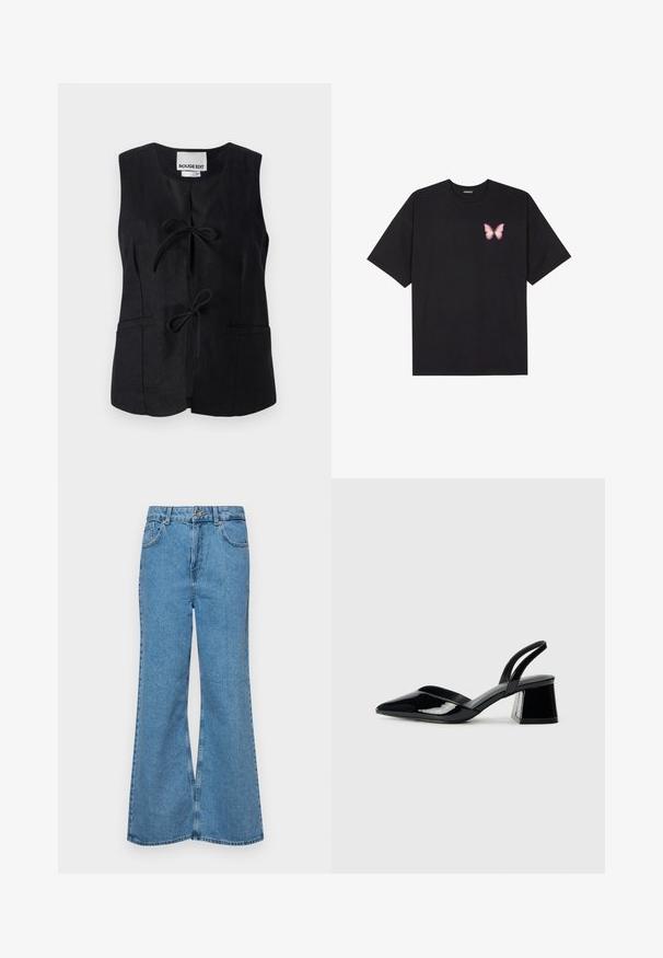 Black sleeveless vest with a v-neck, front tie closure, two pockets, and a smooth texture. Minimalist design with clean lines.; Black cotton t-shirt with short sleeves, featuring a small pink butterfly graphic on the left chest. Crew neck design with a relaxed fit.; Light blue flared jeans made of denim, featuring a high waist, five pockets, and a single button closure. Soft texture with faded finish.; Black patent leather slingback heels with a pointed toe and a geometric block heel. Features a sleek, minimal design and smooth texture.