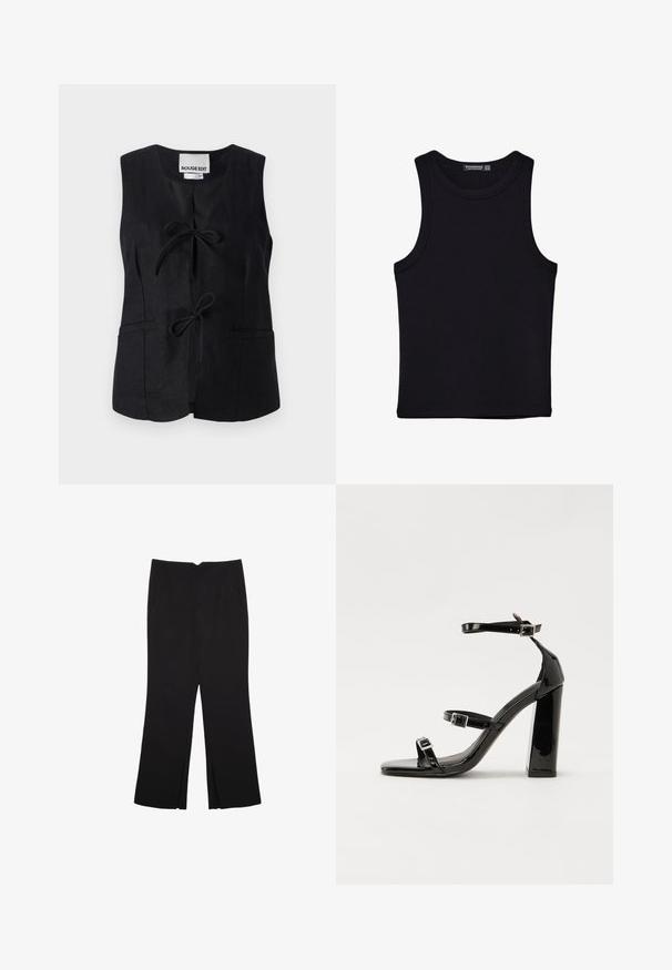 Sort ærmeløs vest med v-hals, lukning foran med bånd, to lommer og en glat overflade. Minimalistisk design med rene linjer.; Sort tank top lavet af bomuld, med rund halsudskæring og brede armhuller. Glat tekstur med syede kanter. Klassisk, minimalistisk design.; Sorte bukser med lige pasform, der har frontlommer og slidser i kanten. Lavet af blødt, glat stof. Velegnet til forskellige anledninger.; Sorte patenterede hælsandaler med firkantet tå, ankelremme og sølvspænder. Har en chunky blokHæl for stabilitet.