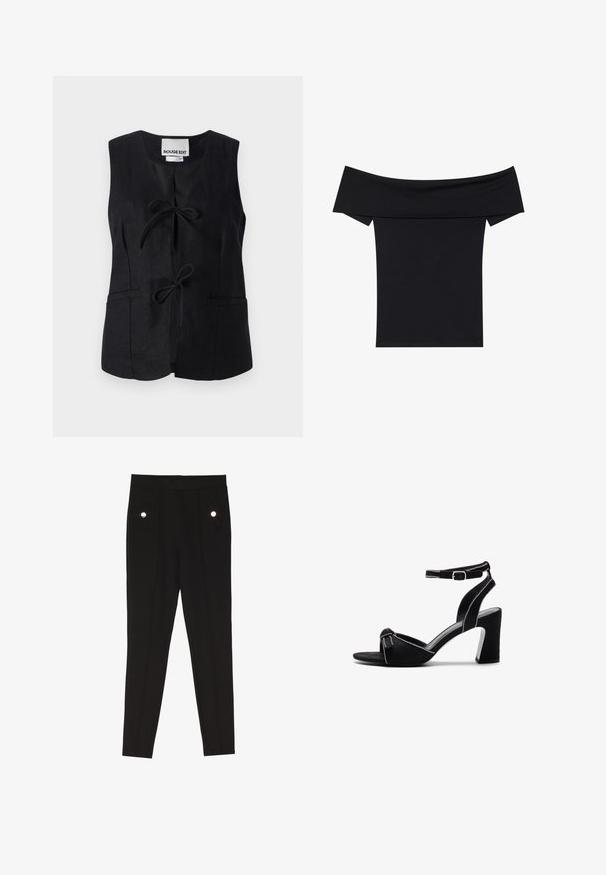 Černá bezramenní vesta s výstřihem do V, předním zapínáním na kravatu, dvěma kapsami a hladkou texturou. Minimalistický design s čistými liniemi.; Černý top bez ramínek vyrobený z měkké elastické tkaniny. Obsahuje krátké rukávy a přiléhavý siluetu. Jednoduchý, bezešvý design.; Černé kalhoty na míru s hladkým povrchem, které disponují dvěma předními kapsami se zdobnými kovovými detaily a slim-fit střihem.; Černé semišové sandály na podpatku s širokým blokovým podpatkem, nastavitelným páskem kolem kotníku, otevřenou špičkou a kontrastním prošitím.
