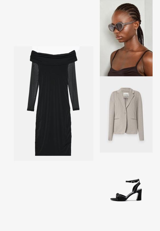 Jasnoszary żakiet w wzór rybich ości z pojedynczym zapięciem na guzik, dwoma przednimi kieszeniami i klapami. Wykonany z teksturowanej tkaniny.; Czarna sukienka na ramiączkach z długimi przezroczystymi rękawami, marszczonymi bokami, gładkim materiałem i dopasowanym krojem.; Czarne zamszowe sandały na obcasie z szerokim blokowym obcasem, regulowanym paskiem na kostkę, otwartym noskiem i kontrastującym przeszyciem.; Szare, przerośnięte okulary przeciwsłoneczne o zaokrąglonym kształcie i ciemnych soczewkach. Smukła plastikowa oprawka o gładkim wykończeniu. Model ma warkocze.