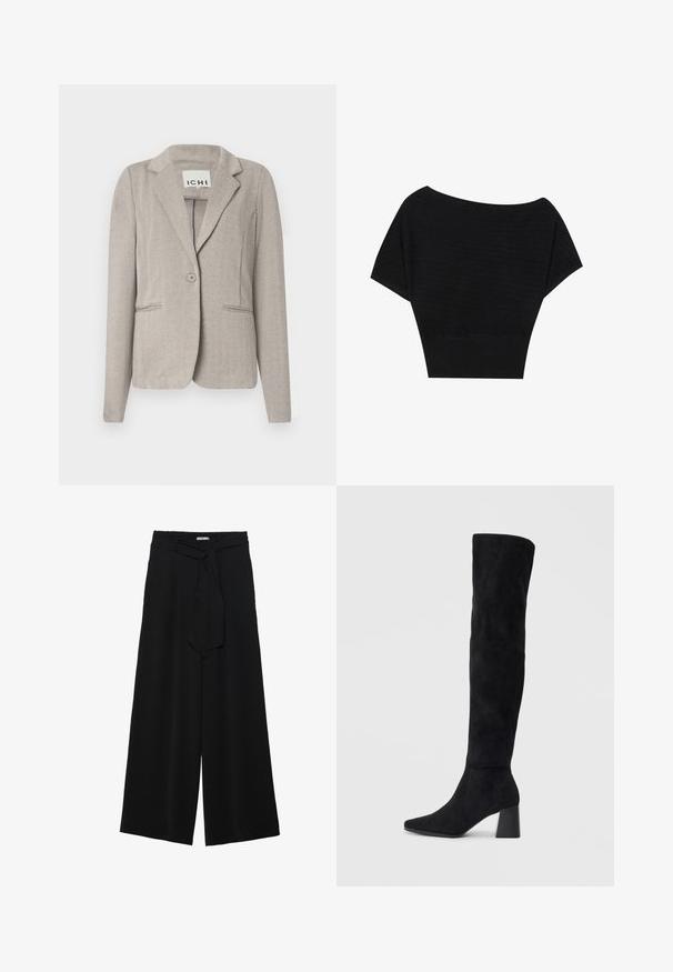 Heled hall herringbone-sakko, millel on üks nupp, kaks eesmist taskut ja lõikega krae. Valmistatud tekstureeritud kangast.; Anna Field Trükipildiga T-särk - black; Mustad laiad püksid, millel on tekstureeritud kangas, elastne vöökoht ja eemaldatav pael vööst, et reguleerida sobivust.; Must must ümberpööratud musta nahast põlve kõrgune saapad blokknõelaga, terava varbaga ja sujuva, õmblusteta disainiga, asetatud heledale taustale.